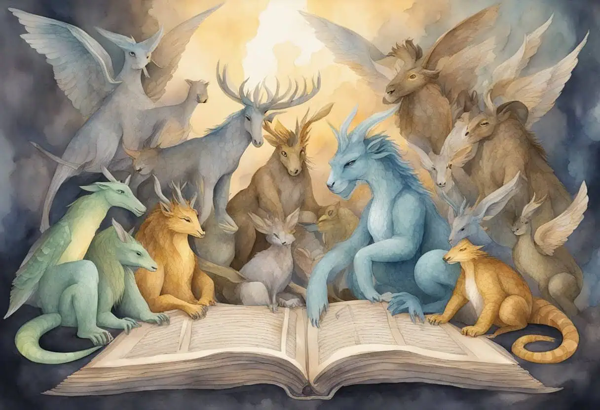 A group of mythical creatures gathered around a glowing, ancient-looking book, eagerly discussing and pointing to different names written within its pages