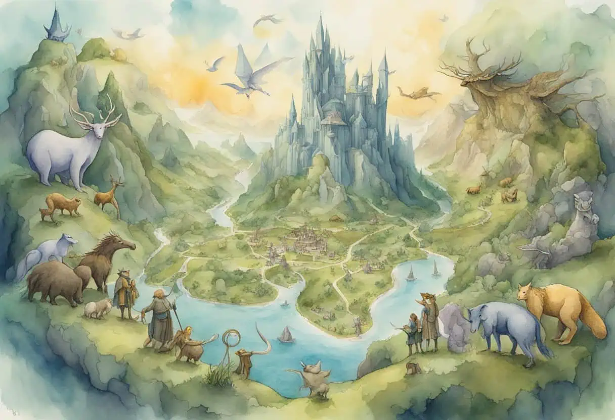 A group of fantastical creatures gather around a map, discussing their comical Lord of the Rings-inspired names