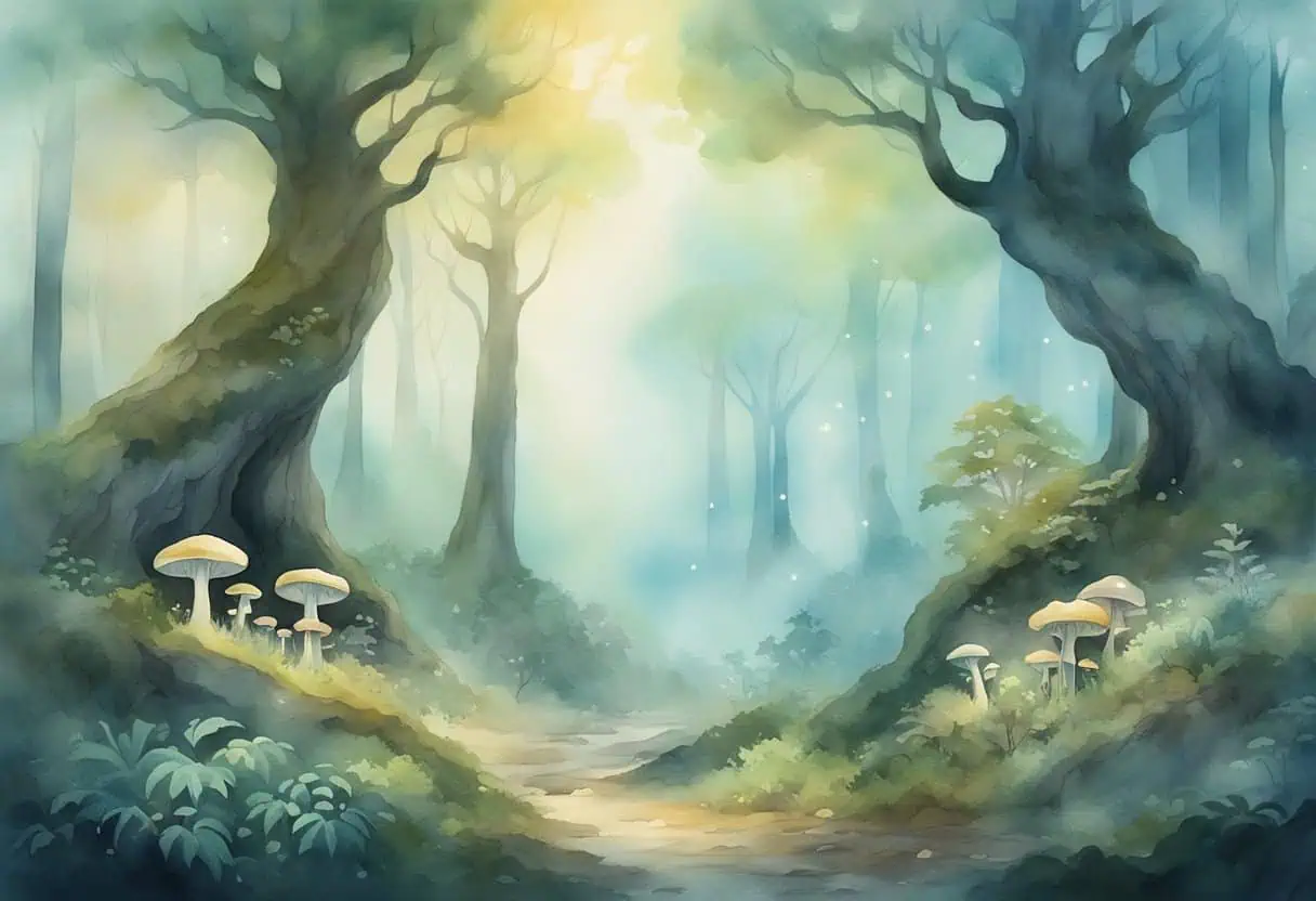 A mystical forest with ancient trees and glowing mushrooms, surrounded by mist and guarded by a majestic dragon