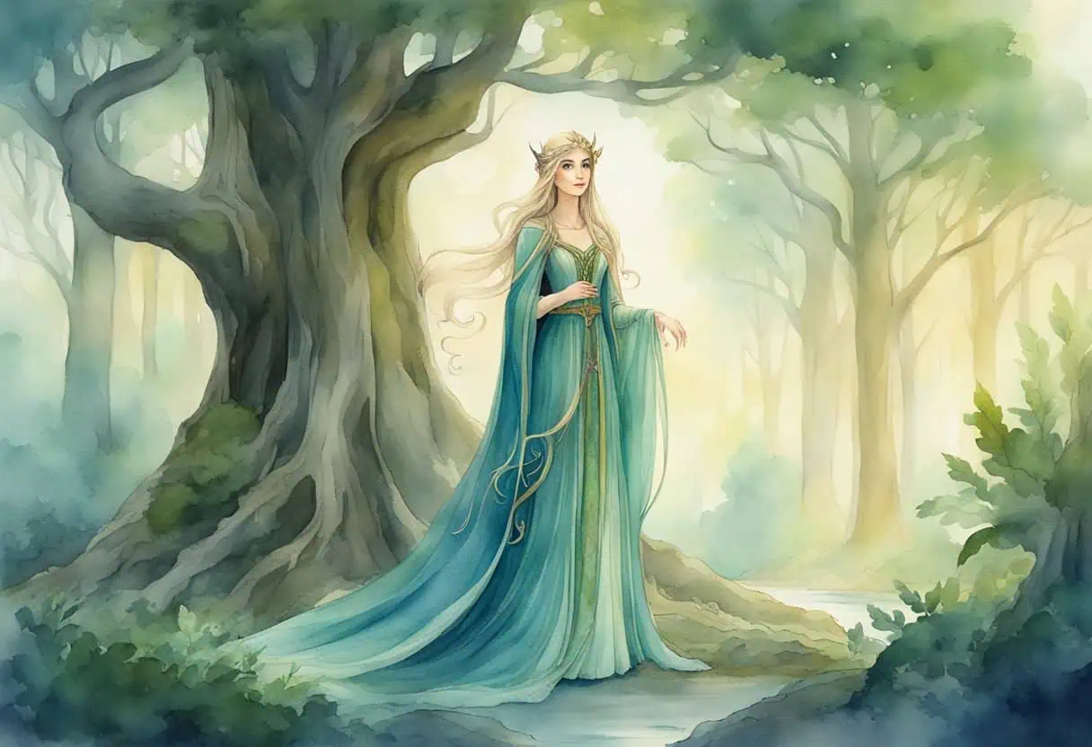 A female elf standing in a mystical forest, with a flowing gown and a regal presence, surrounded by ancient trees and magical creatures