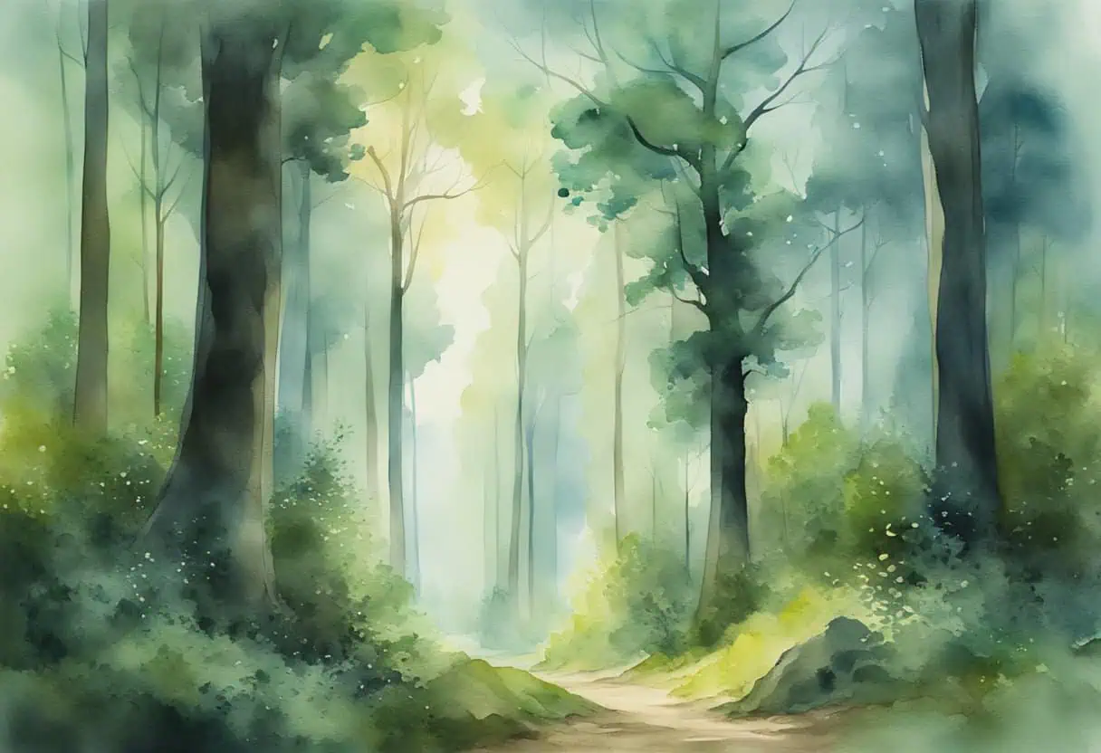 A majestic, ancient forest with towering trees and a mystical atmosphere