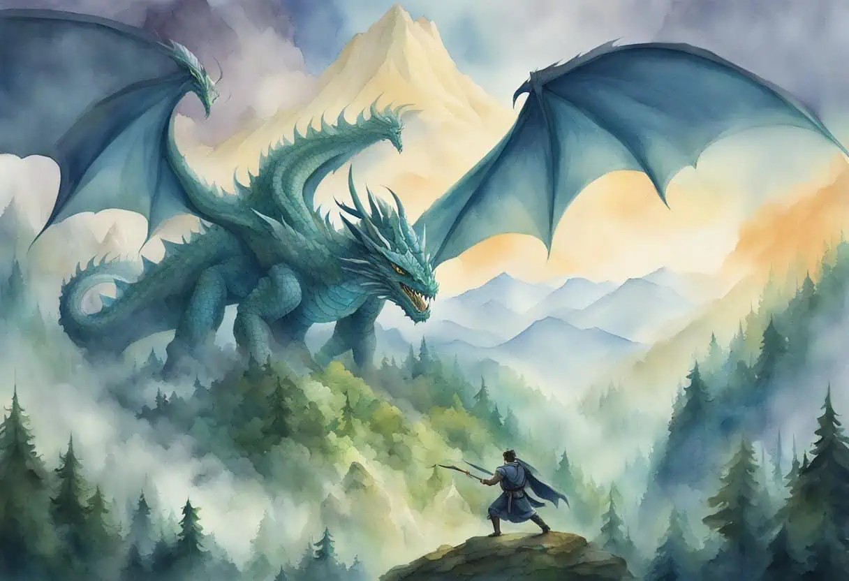 An epic battle in a mystical forest, with towering mountains in the background and a fierce dragon looming overhead