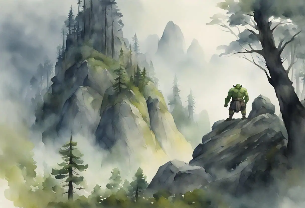 Solitary ogre in misty mountains - A lone ogre standing atop a rocky cliff, overlooking a misty valley surrounded by towering, forested peaks.

