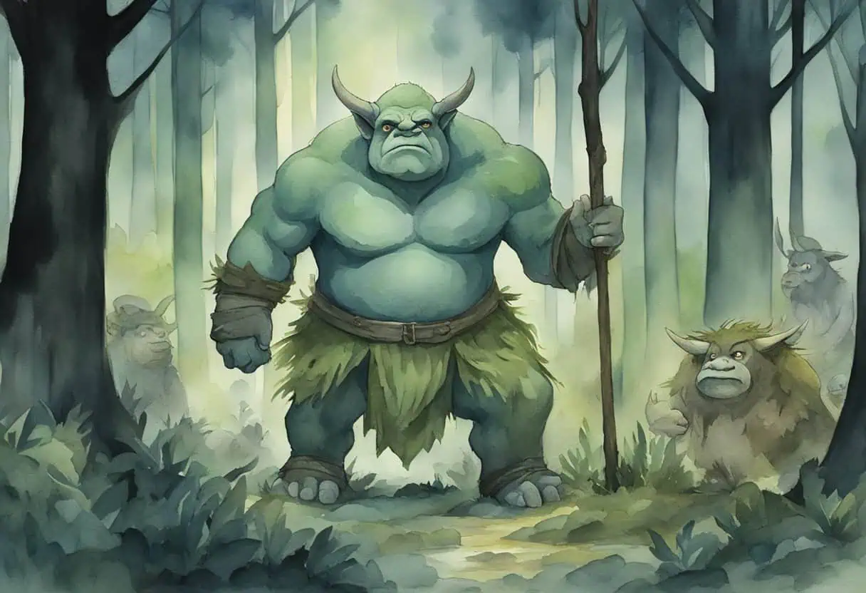 Enormous forest giant ogre - A colossal ogre with vines and ornaments draped across its body, towering over a lone human figure in a mystical forest clearing.

