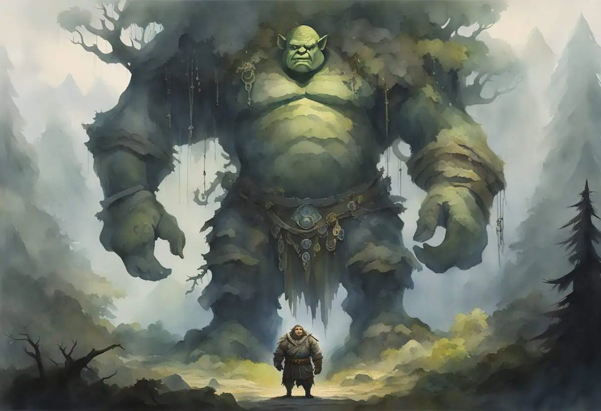 Forest ogre with a spear - A green ogre standing guard in a misty forest, wielding a spear, accompanied by smaller, mischievous creatures peeking from the foliage.

