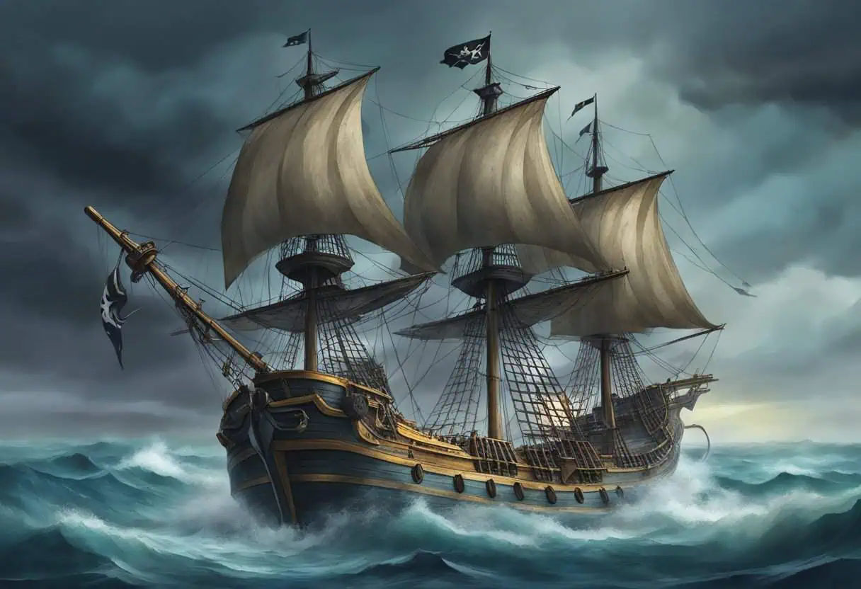 A fierce pirate ship sails through stormy seas, its tattered flag bearing a skull and crossbones