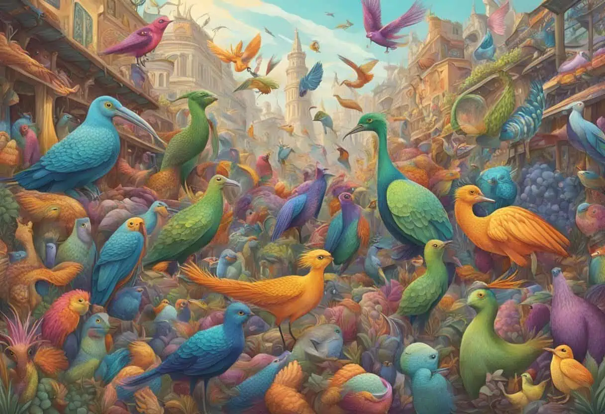 Colorful, fantastical creatures with strange names gathered in a vibrant, bustling marketplace