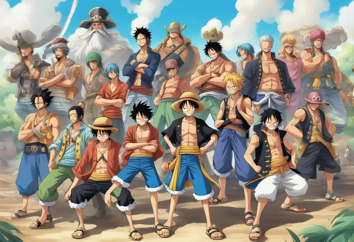 A group of male characters from "One Piece" standing together in dynamic poses, each wearing unique and colorful pirate-themed outfits