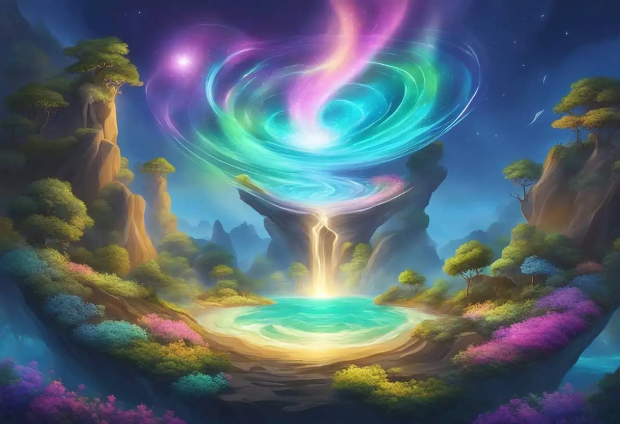 A mystical island with floating rocks and glowing flora, surrounded by a swirling vortex of colorful energy