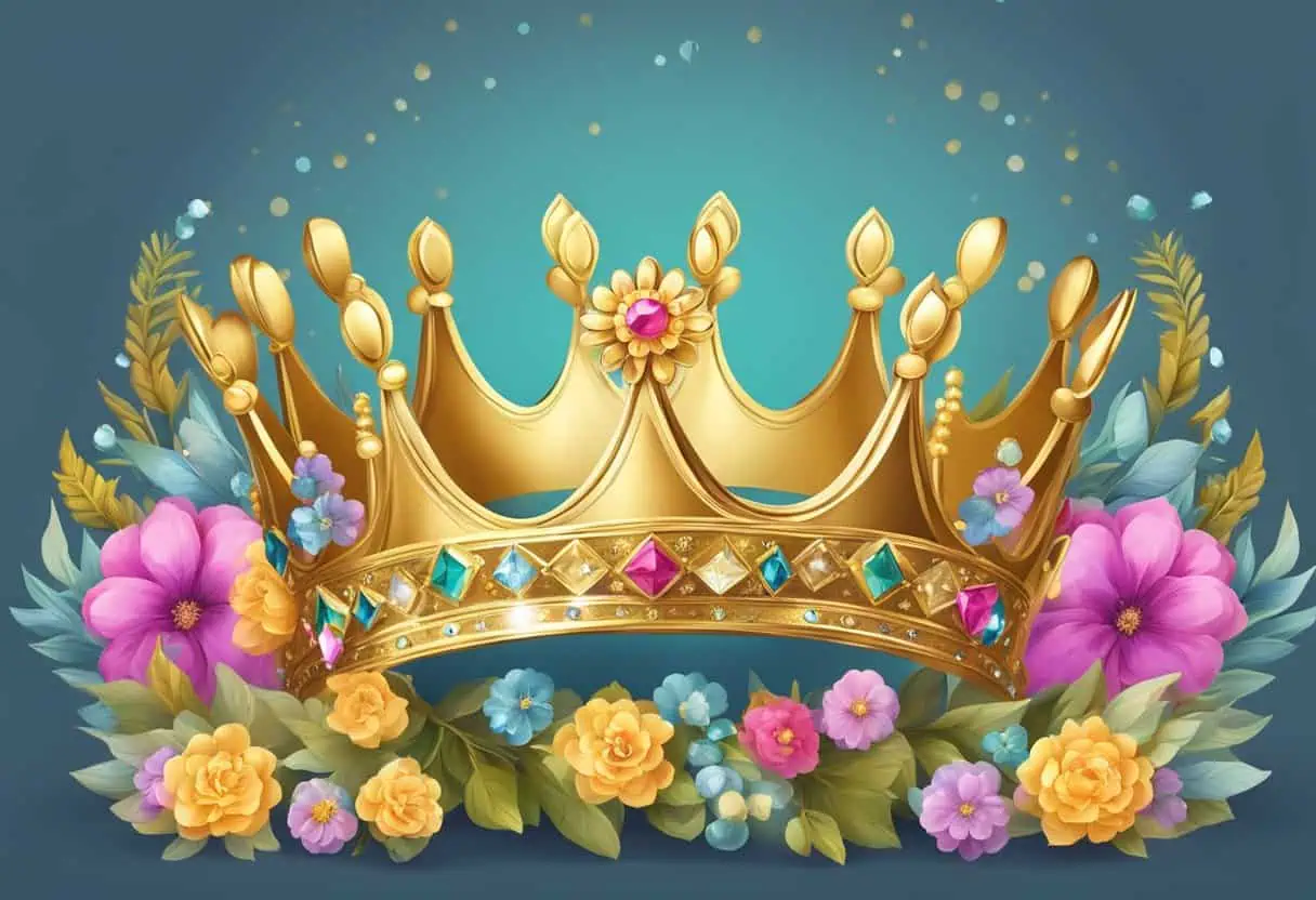 A regal golden crown surrounded by vibrant flowers and sparkling jewels