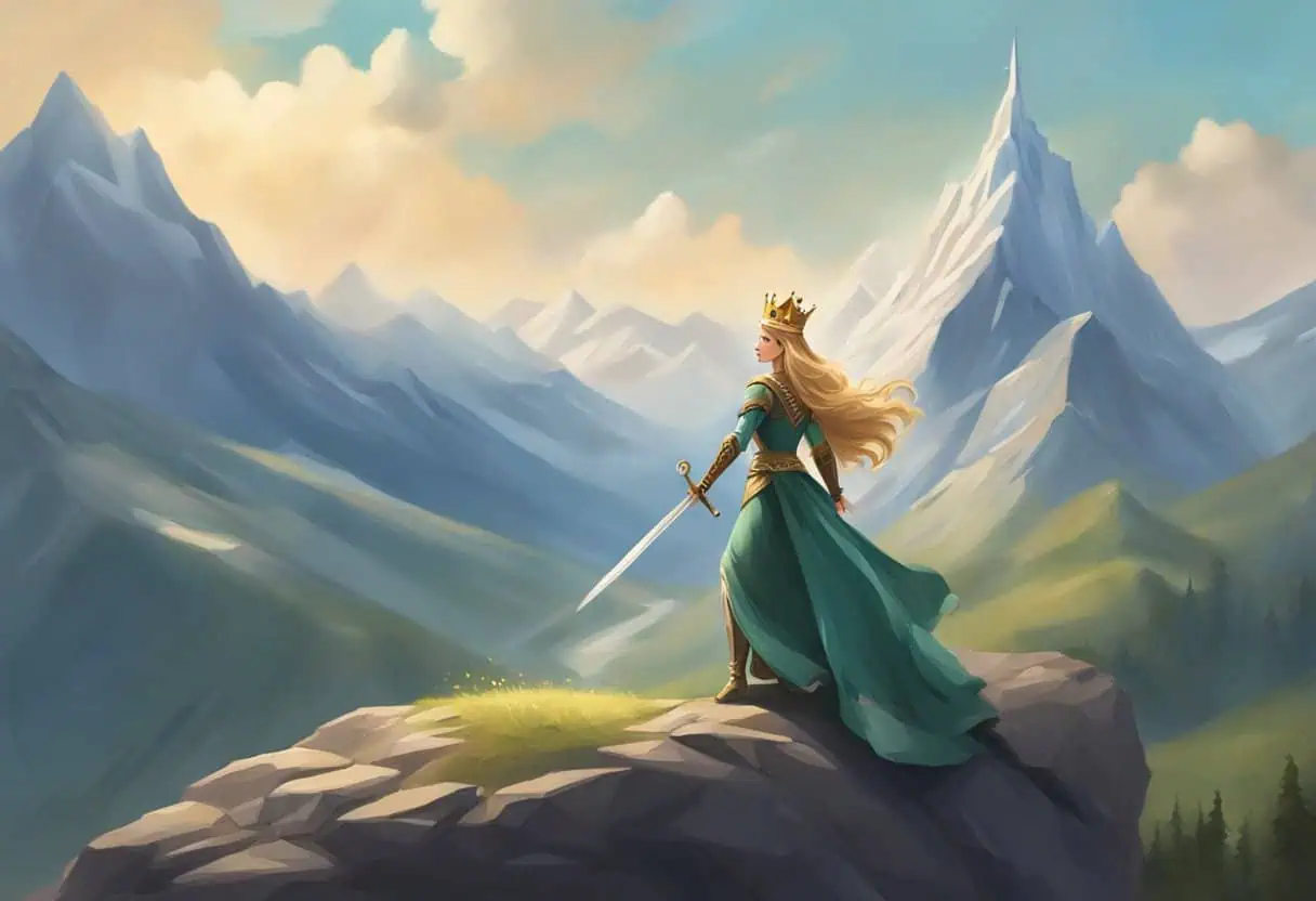 A fierce, regal princess stands atop a mountain, wielding a sword and wearing a crown. The wind blows her hair as she gazes out into the distance