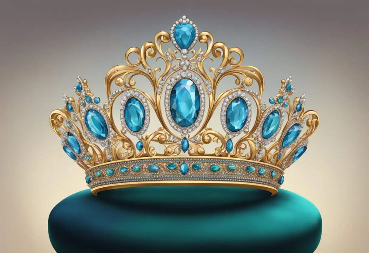 A regal tiara sits atop a velvet cushion, surrounded by glittering jewels and ornate scrolls