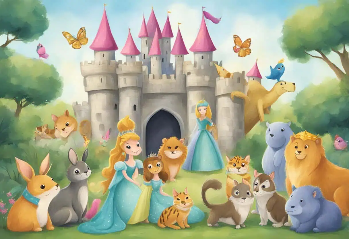 A group of colorful, whimsical animals gather around a sparkly castle, each holding a sign with a funny princess name