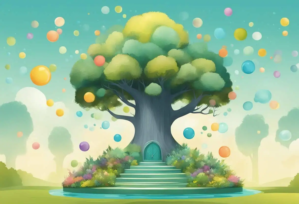 A whimsical forest clearing with colorful, floating name bubbles above a crown-topped pedestal