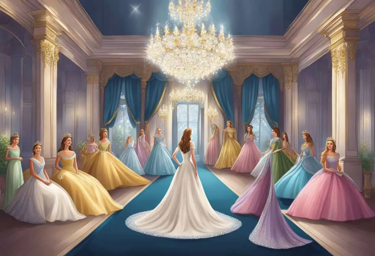 A regal throne room filled with sparkling tiaras and elegant gowns, fit for a princess