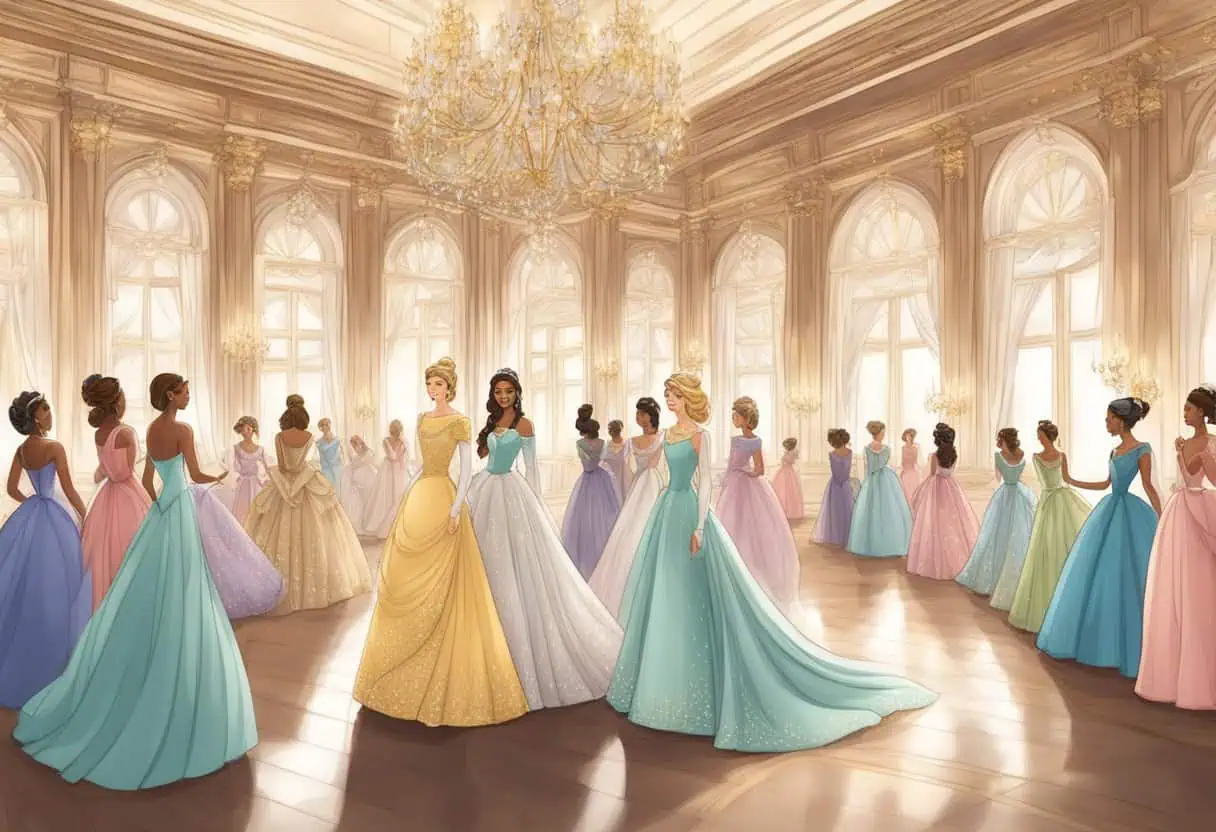 A grand ballroom filled with elegant gowns, sparkling tiaras, and regal decor, as a group of female princesses gather for a royal event