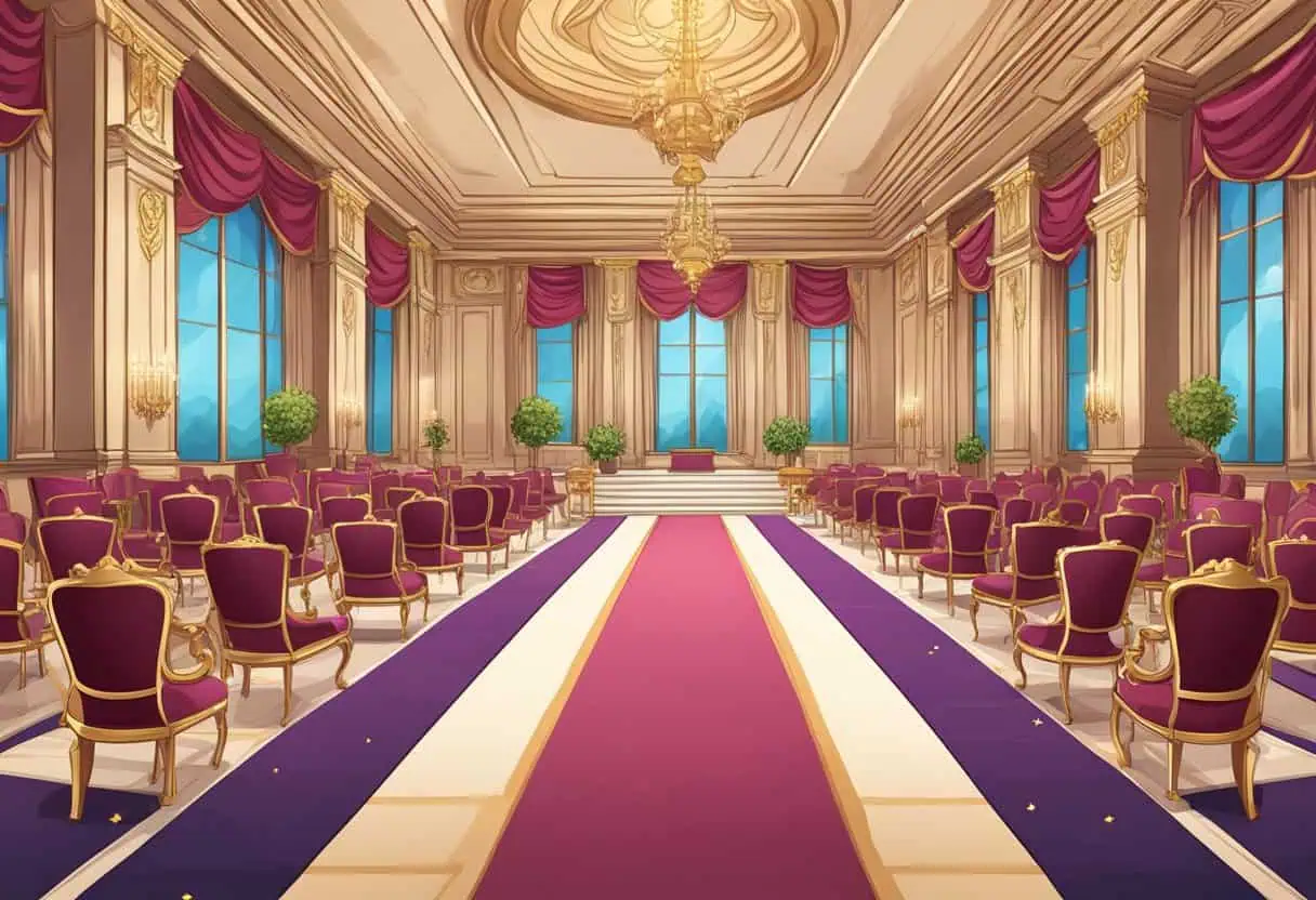 A grand ballroom with regal banners and a throne for male princesses