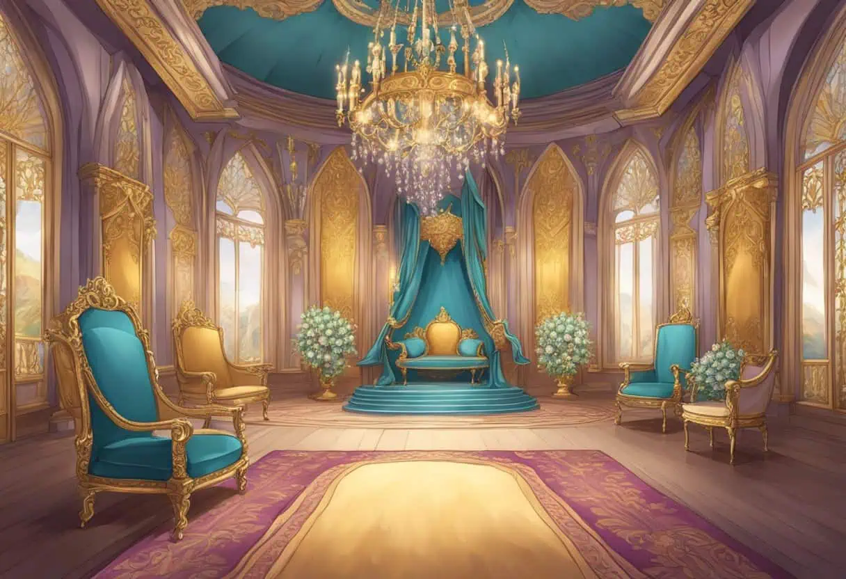 A regal throne room with ornate tapestries and a grand chandelier, adorned with flowers and flowing fabrics fit for a fantasy princess