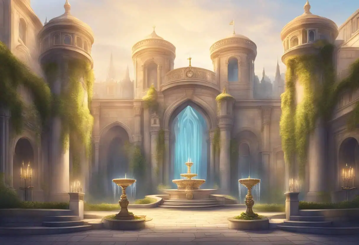 A grand castle courtyard with banners, a sparkling fountain, and a regal throne