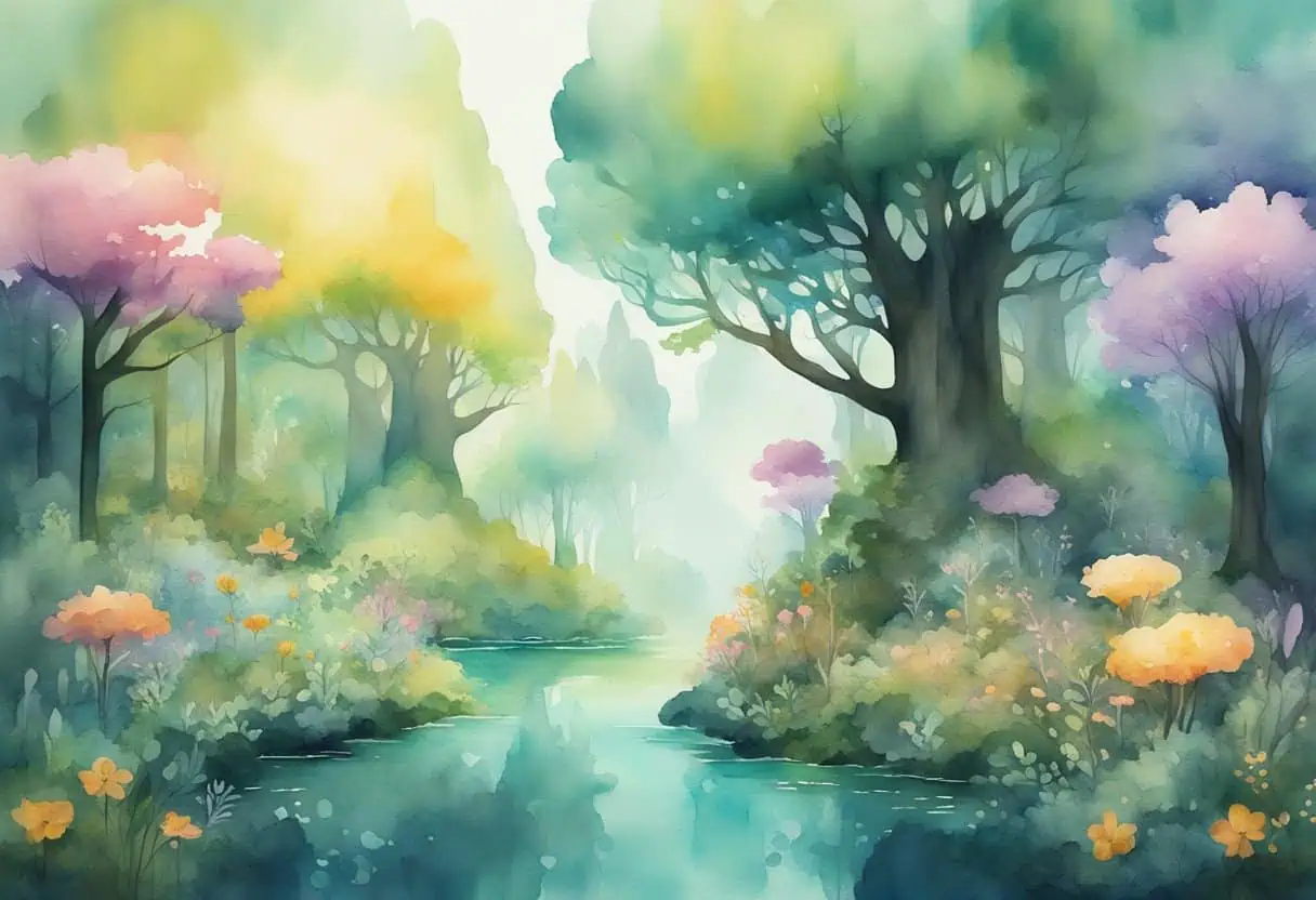 A mystical forest with towering trees, glowing flowers, and floating islands, each representing a different realm name