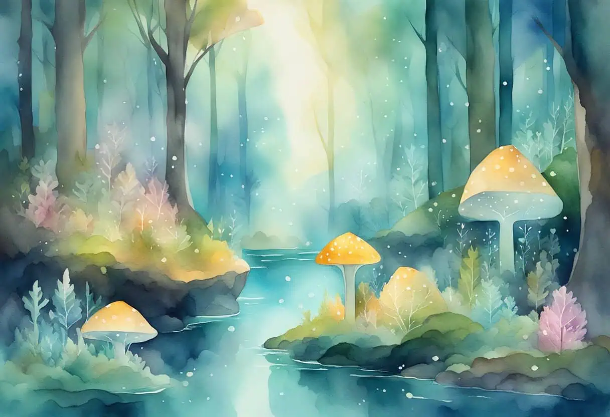 A mystical forest with floating islands and glowing crystals