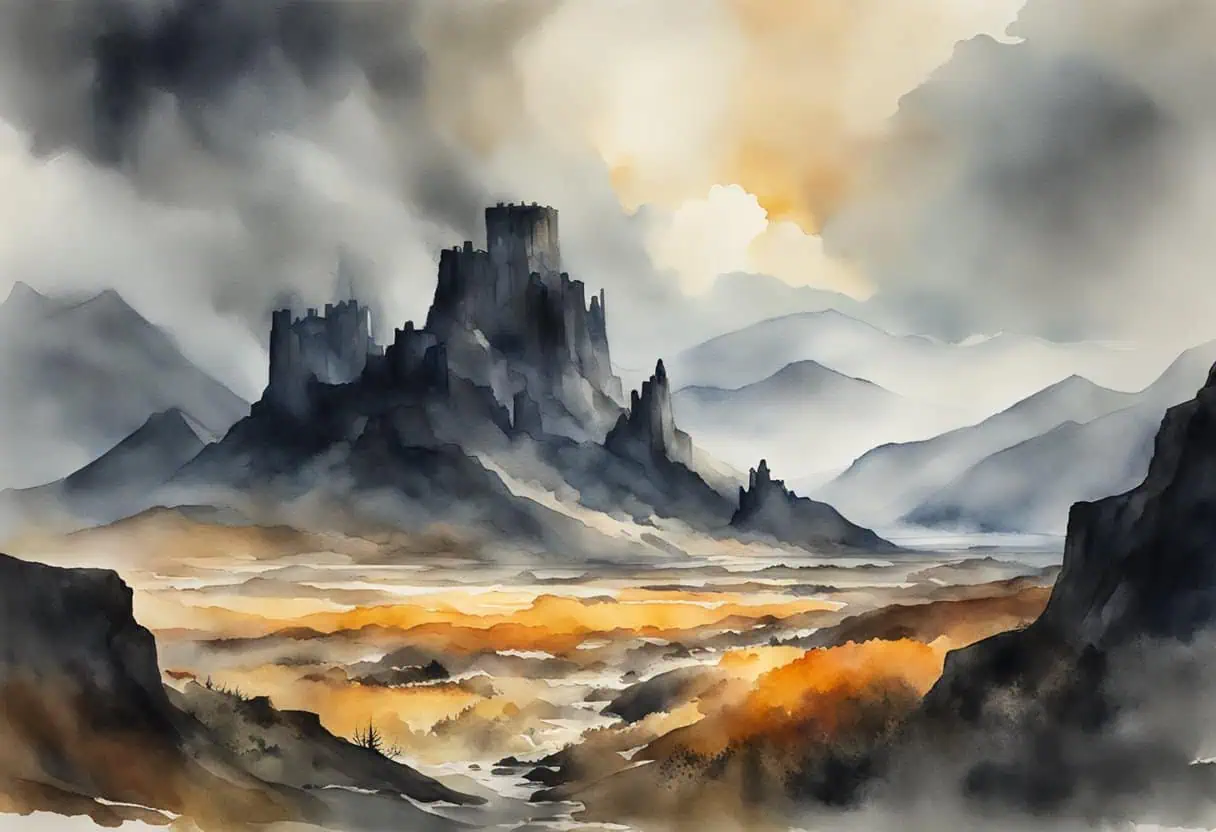 A dark, fiery landscape with jagged mountains and ominous clouds looming over a kingdom of towering fortresses and ancient ruins