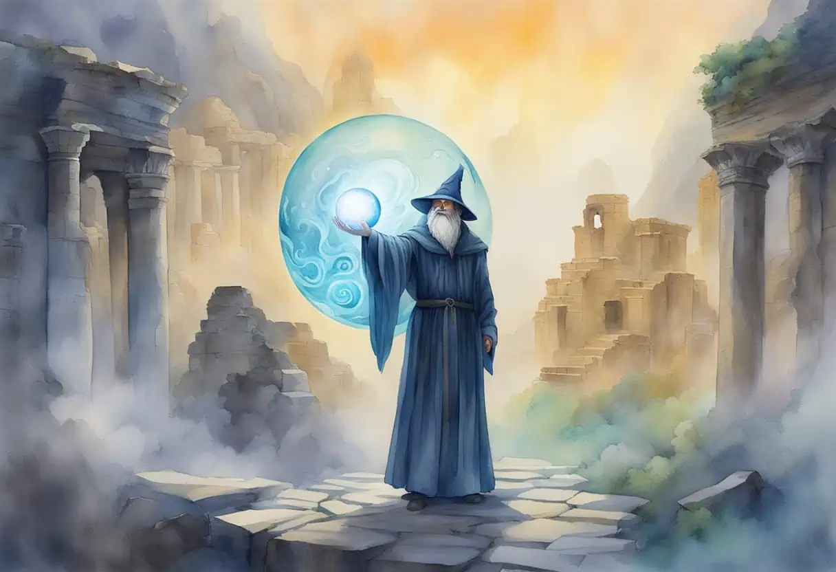 A wizard holding a glowing orb, surrounded by swirling mist and ancient ruins