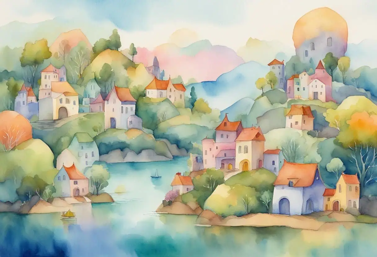 A colorful, whimsical landscape with floating islands and quirky buildings, each with a unique and comical name