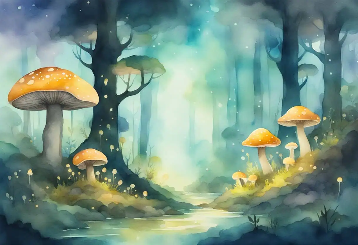 A mysterious forest with glowing mushrooms and floating islands