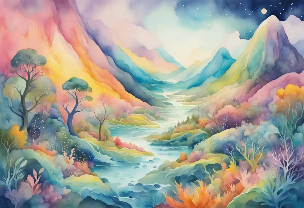 A vibrant, otherworldly landscape with swirling colors and fantastical creatures