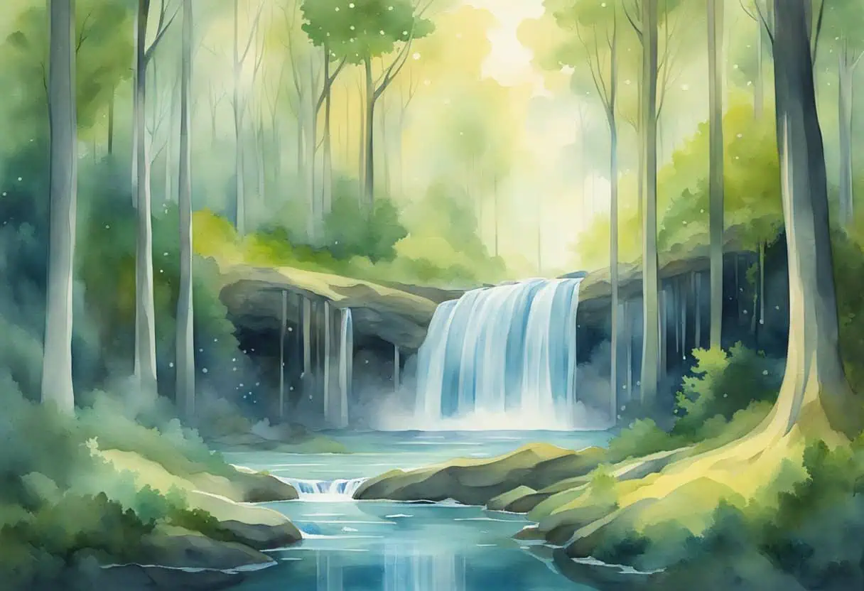 A serene forest clearing with a mystical waterfall and floating orbs of light, surrounded by ancient trees and a sense of magic in the air