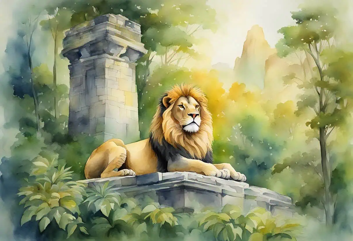 A regal lion adorned with a golden crown, standing proudly in a lush forest clearing, surrounded by ancient stone ruins