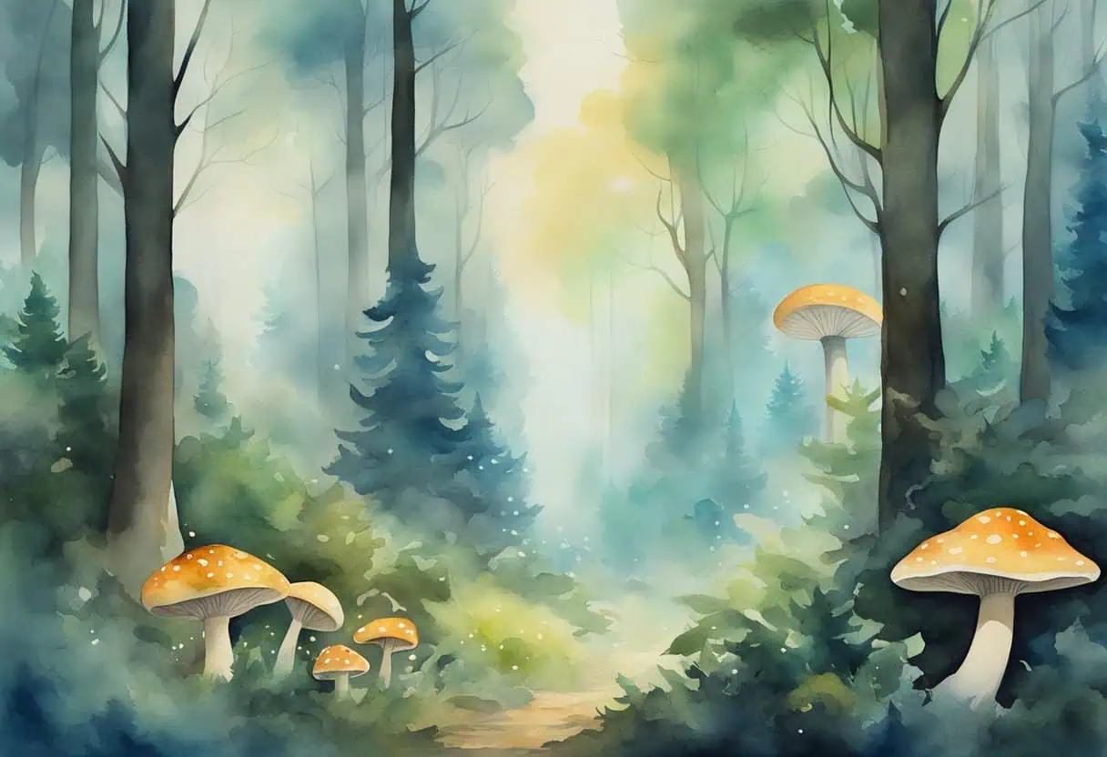 A mystical forest with towering trees, glowing mushrooms, and swirling mist