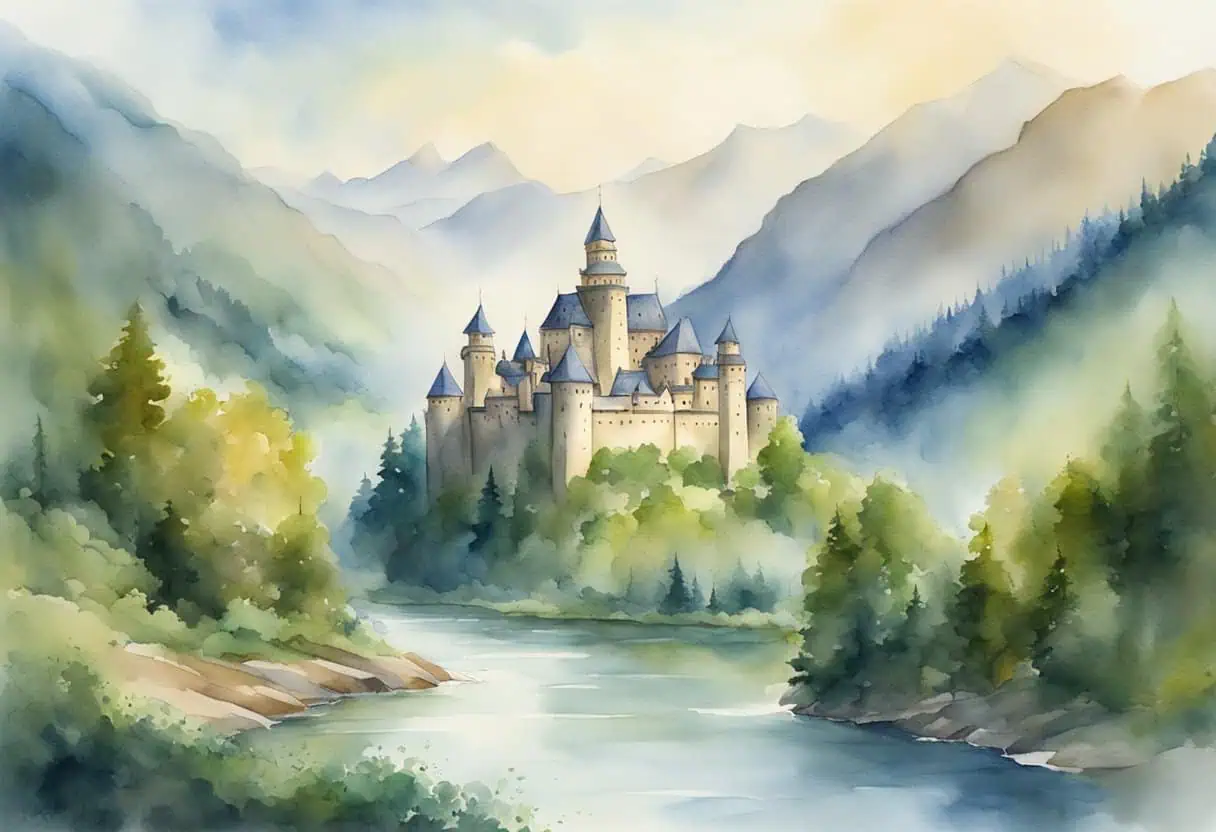 A grand castle surrounded by lush forests and towering mountains, with a majestic river flowing through the center