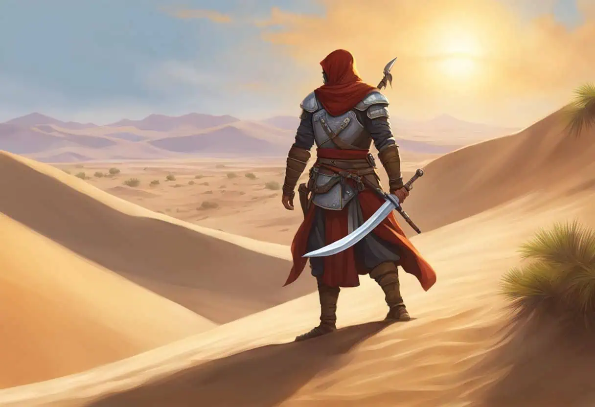 A Redguard warrior stands on a desert cliff at sunset, holding a curved sword, surrounded by ancient ruins and overlooking a vast sandy expanse.