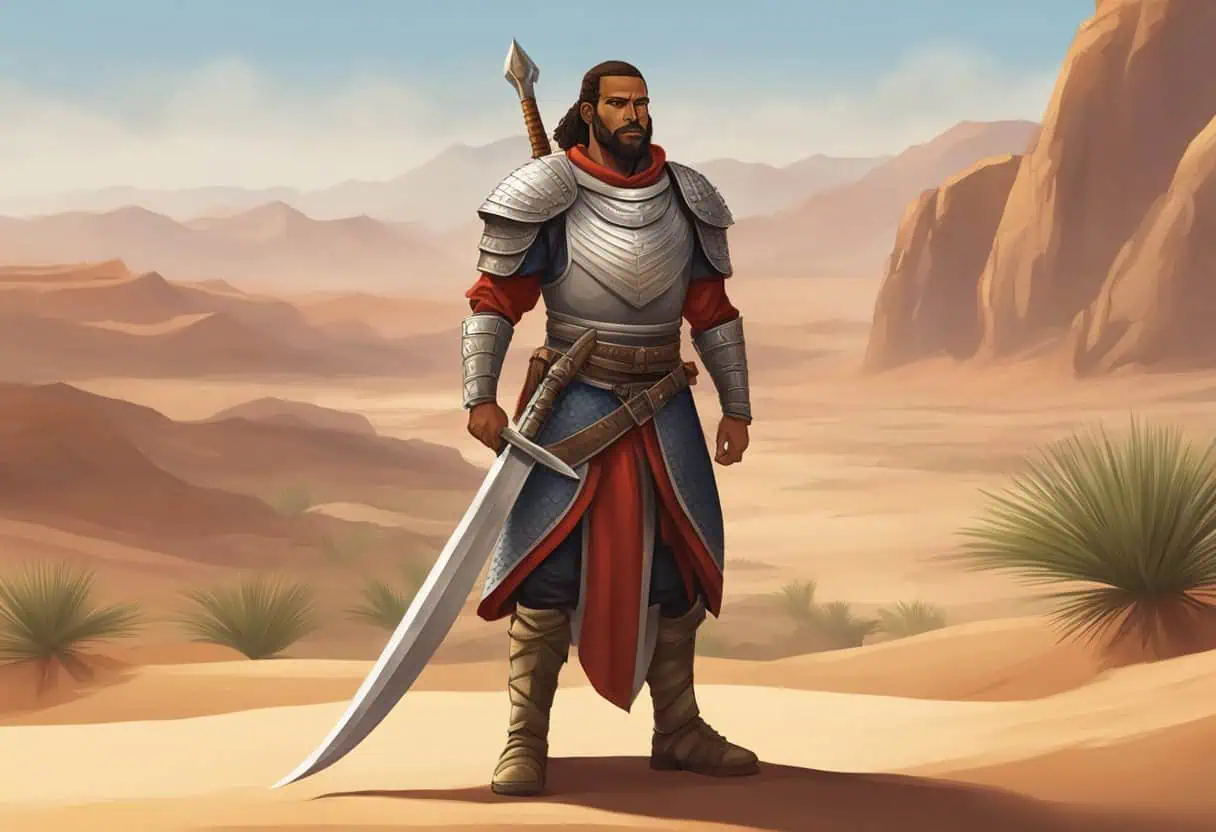 A Redguard warrior stands on a desert cliff at sunset, holding a curved sword, surrounded by ancient ruins and overlooking a vast sandy expanse.