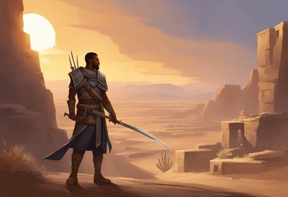 A Redguard warrior in desert armor, holding a curved sword with a vast desert landscape in the background.