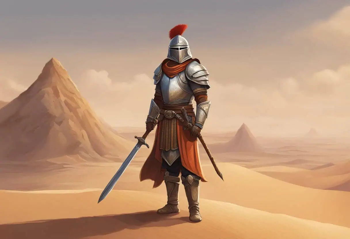 A heavily armored knight standing in a barren desert, wielding a sword with a mountain backdrop.