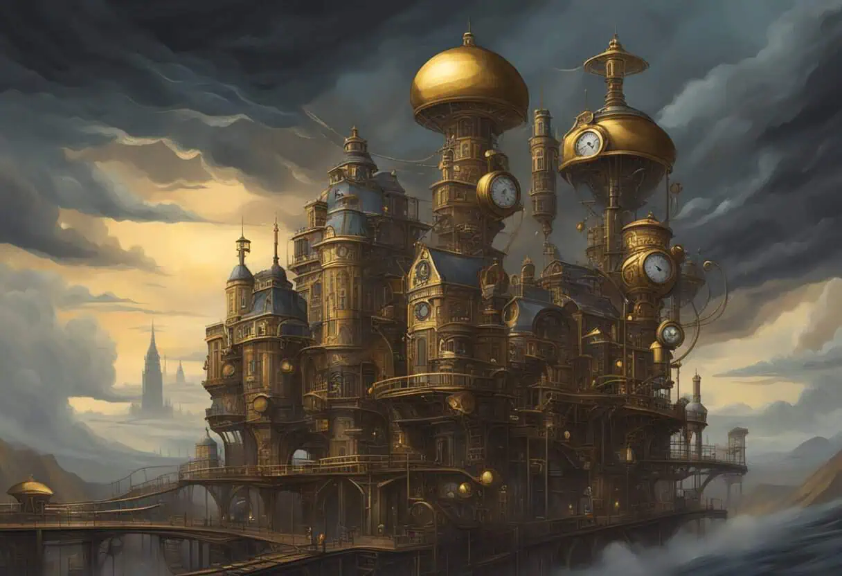 A steampunk cityscape with towering brass buildings and intricate clockwork machinery. Dark clouds swirl overhead, hinting at an impending storm