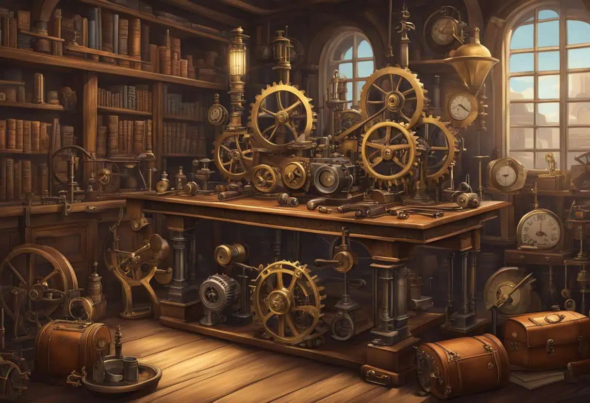 A steampunk-themed workshop with gears, cogs, and brass machinery, surrounded by vintage leather-bound books and antique scientific instruments