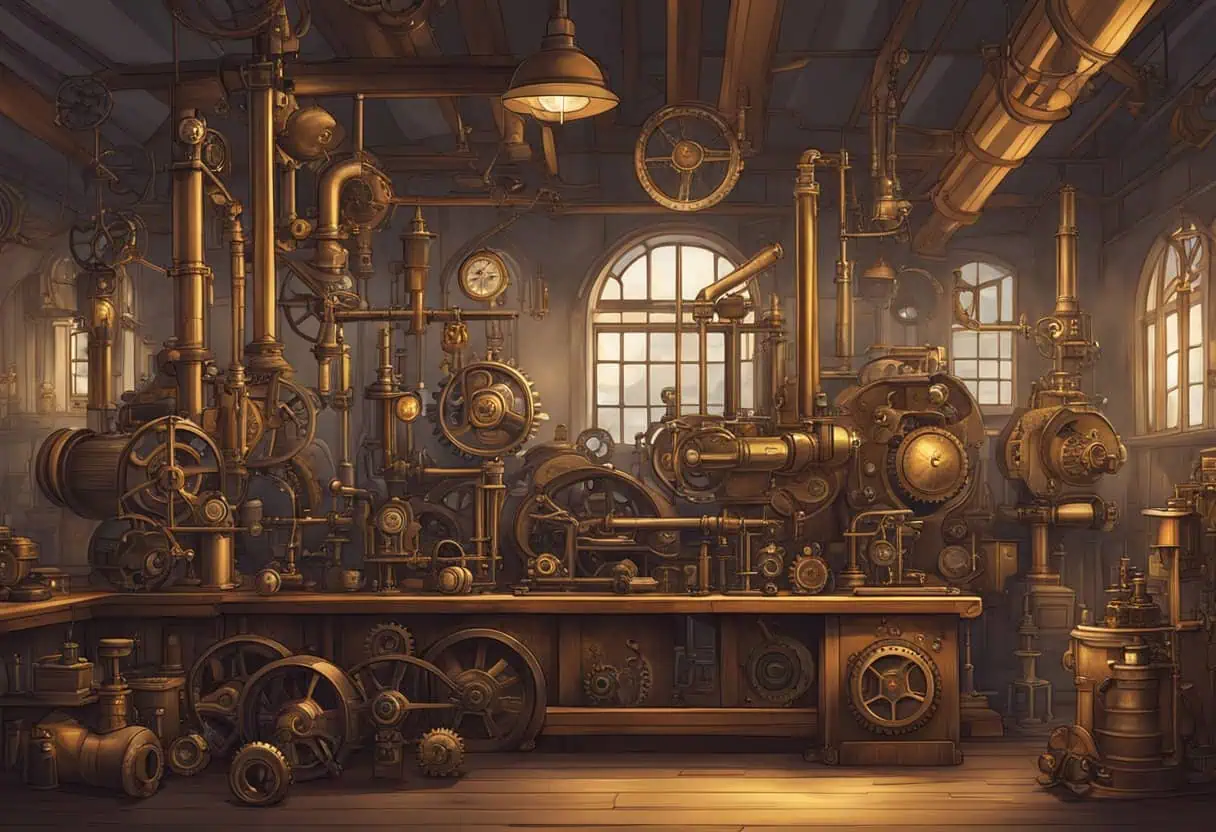 A steampunk-themed workshop with gears, cogs, and brass machinery, surrounded by vintage tools and gadgets