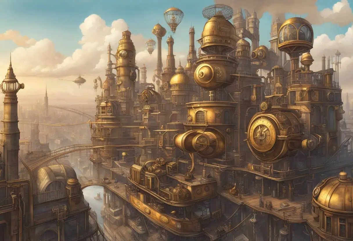 A steampunk cityscape with towering brass and copper buildings, adorned with gears, pipes, and steam vents. Airships and mechanical contraptions fill the sky