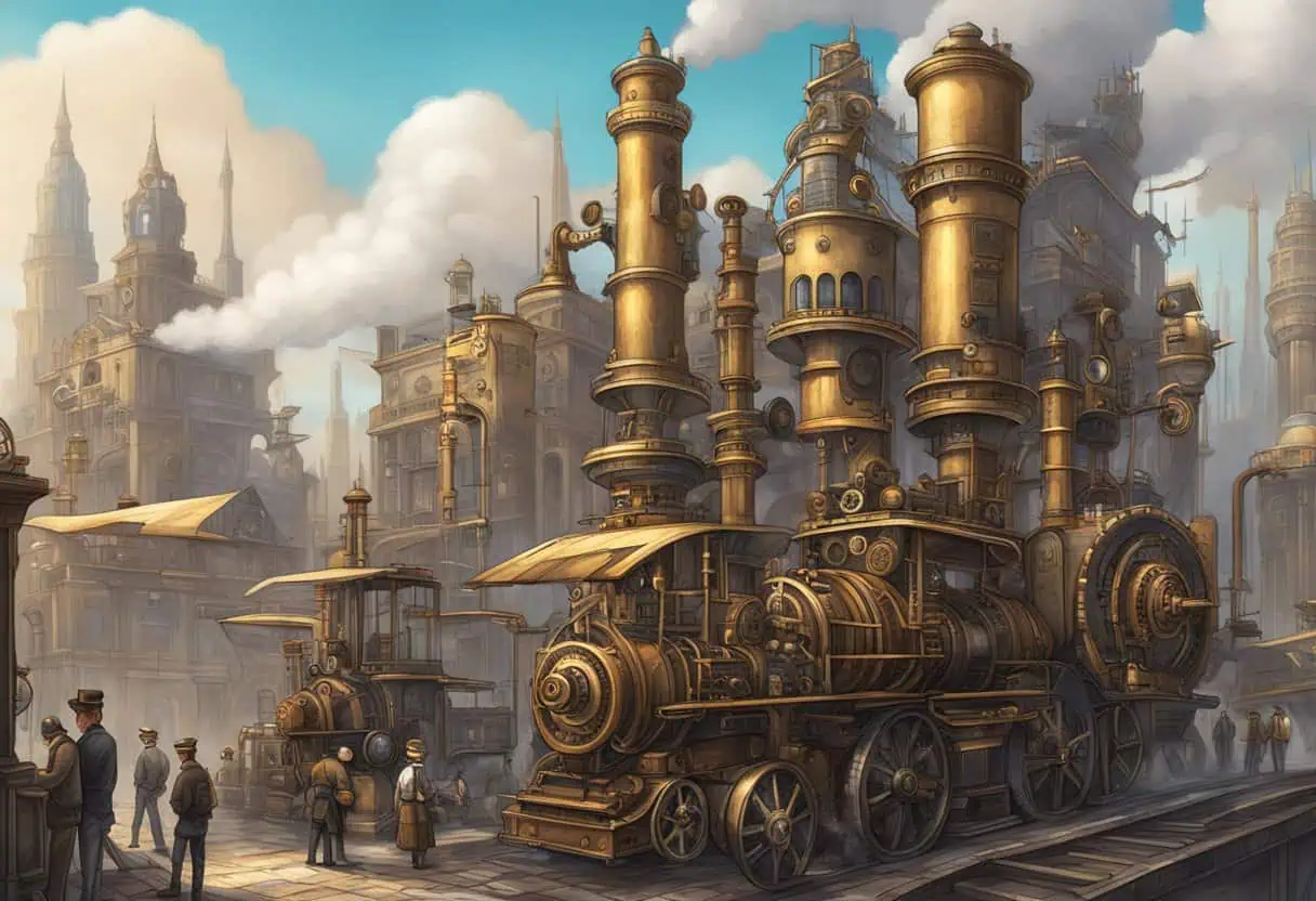 A steampunk-themed cityscape with towering gears and steam-powered machinery