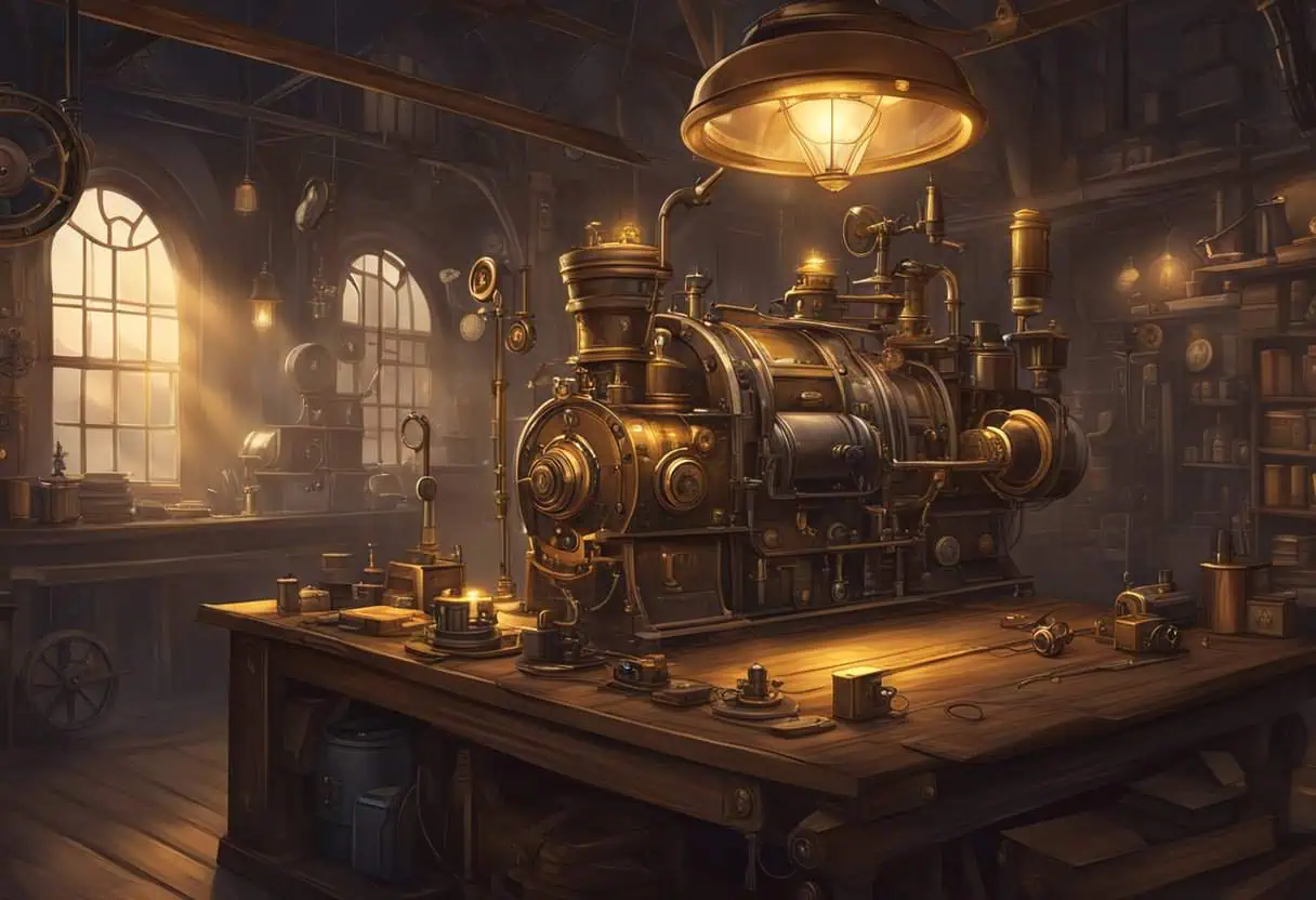 A steampunk-themed name generator machine whirring and sparking in a dimly lit workshop