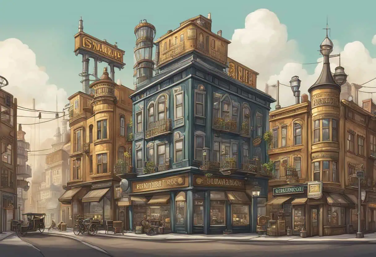 A steampunk-themed cityscape with quirky, industrial-inspired names adorning storefronts and signs