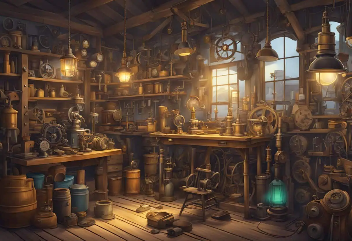 A cluttered workshop with brass gears, vintage gadgets, and flickering gas lamps