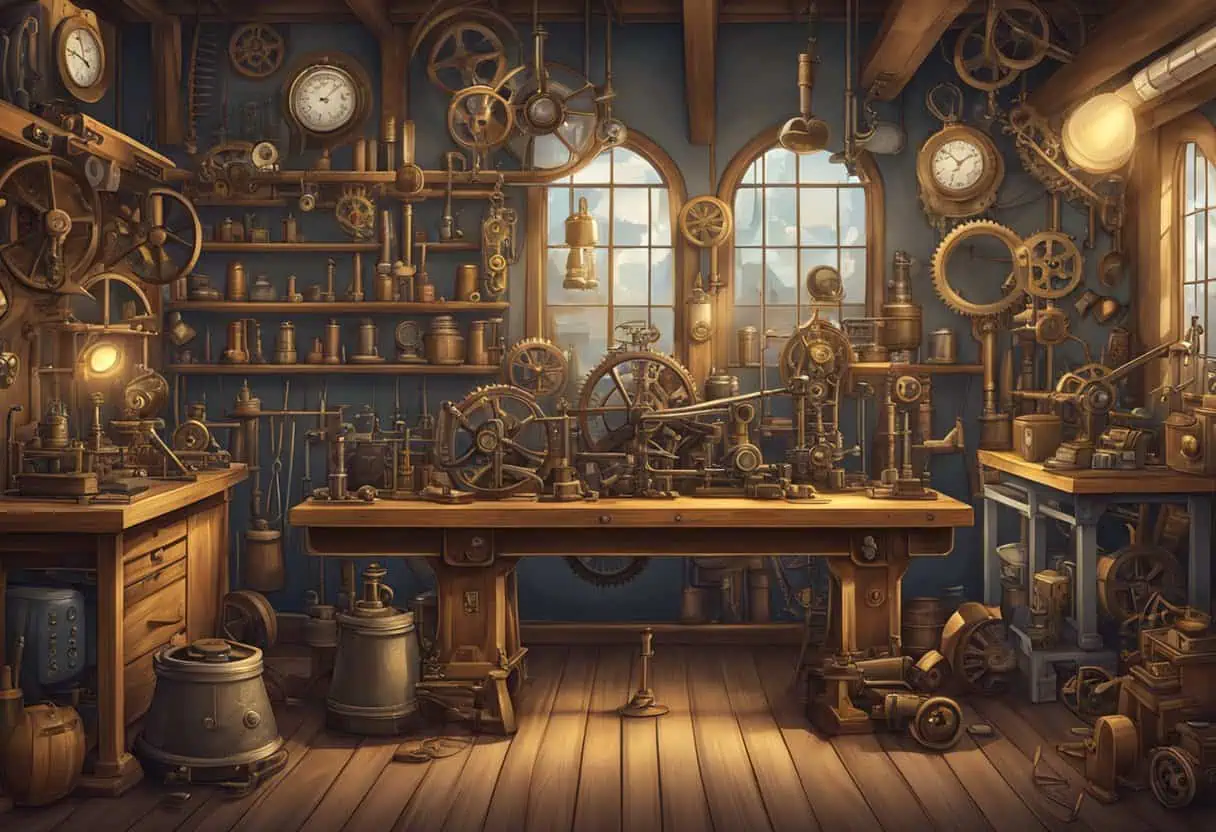 A steampunk-themed workshop filled with gears, cogs, and industrial machinery, with brass and copper accents and a hint of Victorian influence