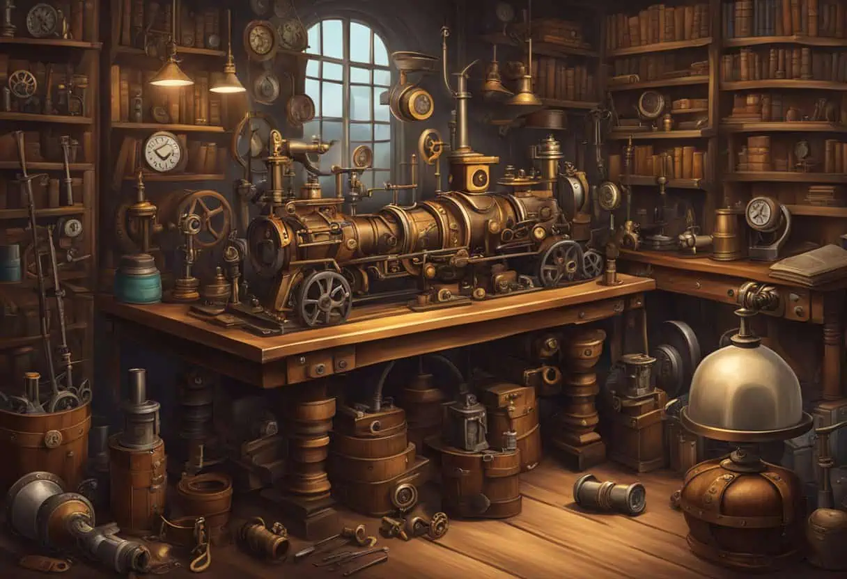 A steampunk workshop with gears, pipes, and vintage machinery, surrounded by leather-bound books and antique tools