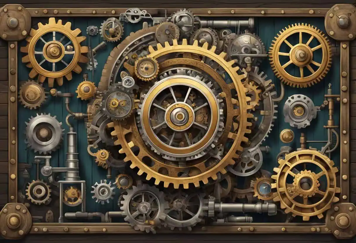 A steampunk-themed signboard with ornate gears and cogs, surrounded by industrial machinery and vintage gadgets