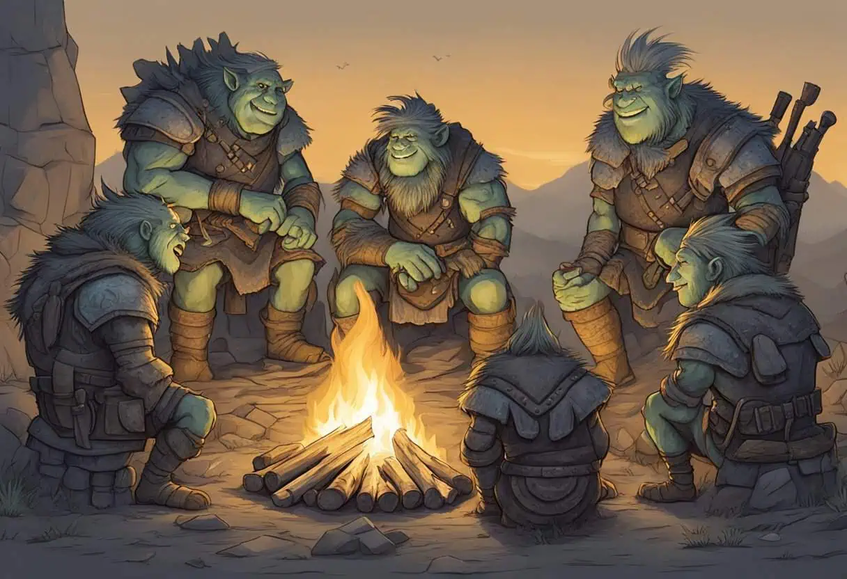 A group of male trolls gathered around a campfire, each with a unique name painted on their rough, weathered armor